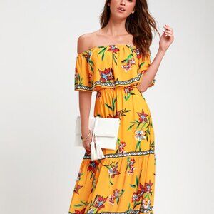Lulus - Yellow Floral Print Off-the-Shoulder Maxi Dress